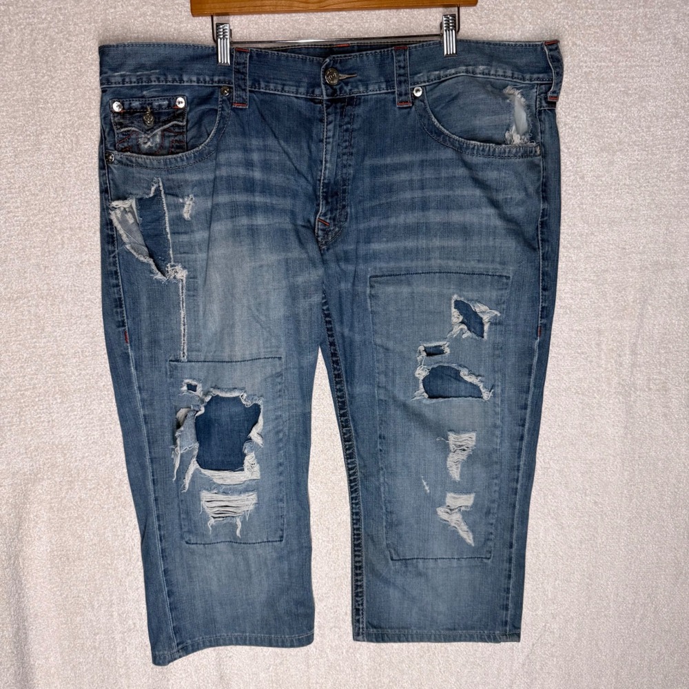 True Religion Men's 44 Straight Distressed Denim Shorts Horseshoe Jorts Blue